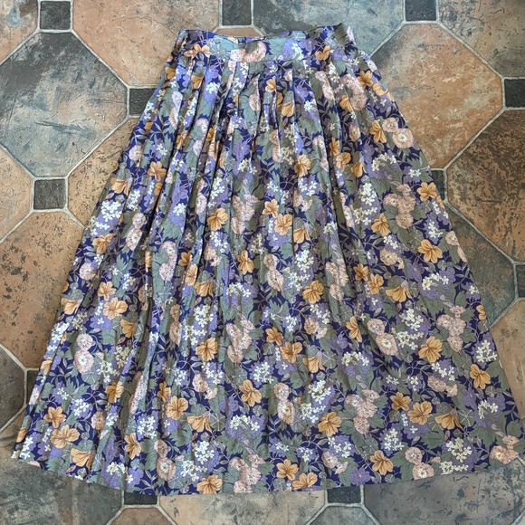 Vintage 80s Floral Maxi Skirt Blue Green Yellow Cottagecore Boho Prairie Vibe - Picture 3 of 8